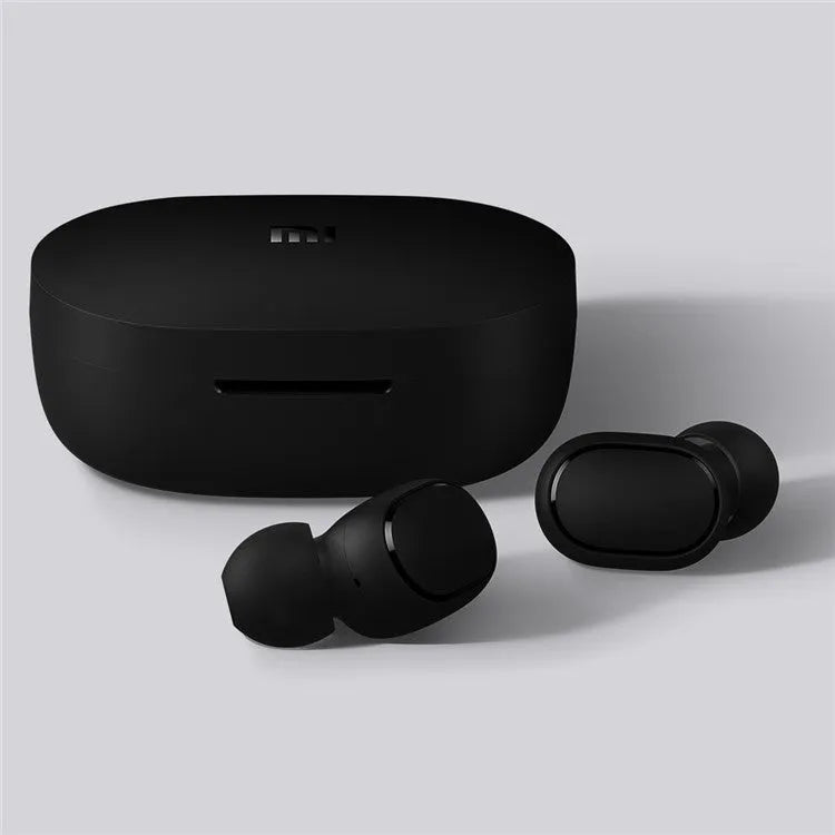 Black Redmi AirDots 2 true wireless Bluetooth earphones with charging case.