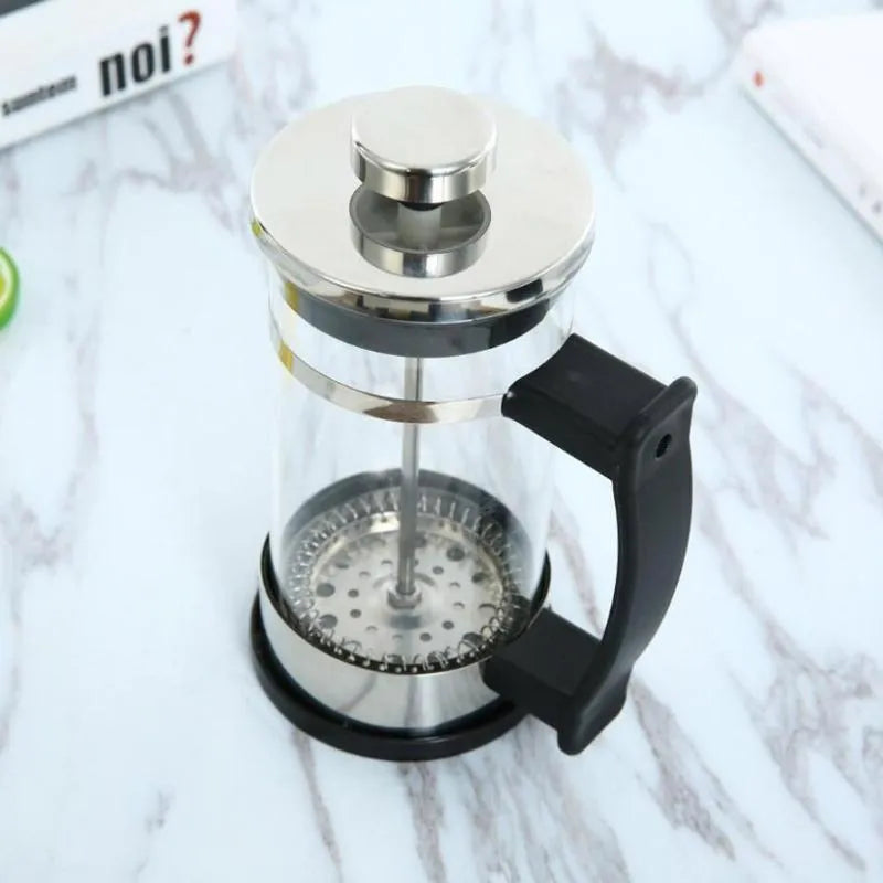350ml manual pour-over coffee maker with glass chamber and stainless steel filter measuring 10x8x17cm