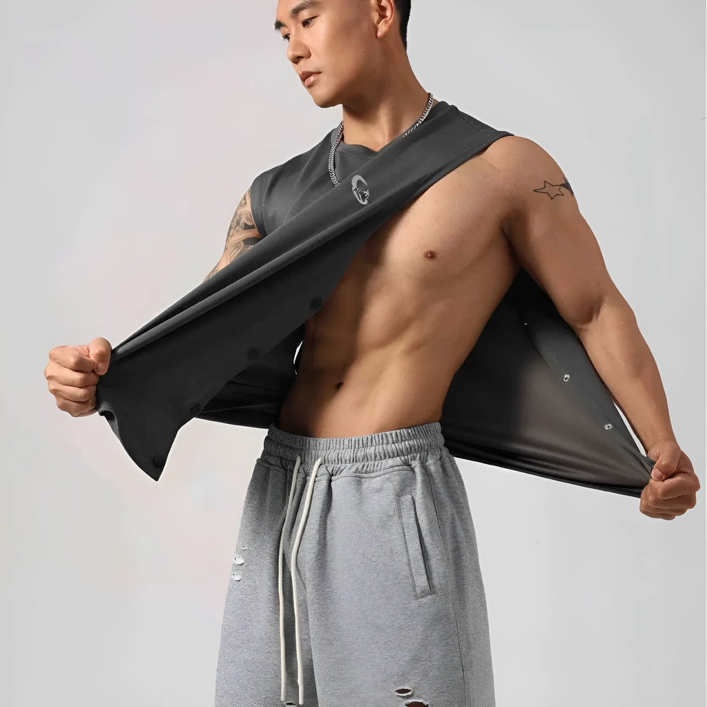 Men's black Korean style loose cotton fitness vest showing hidden hook side detail