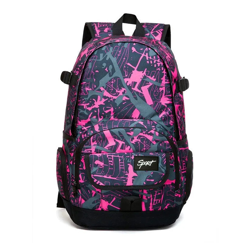 Classic blue and red nylon backpacks showing large capacity design for school and travel.