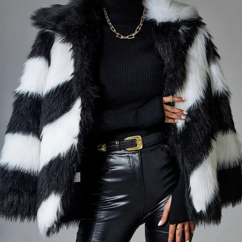 Faux fur coat with contrast lapels and fur collar in normal length