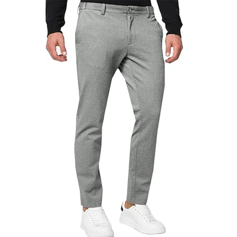 Men's chino slim-fit stretch pants in khaki with tapered leg and mid waist