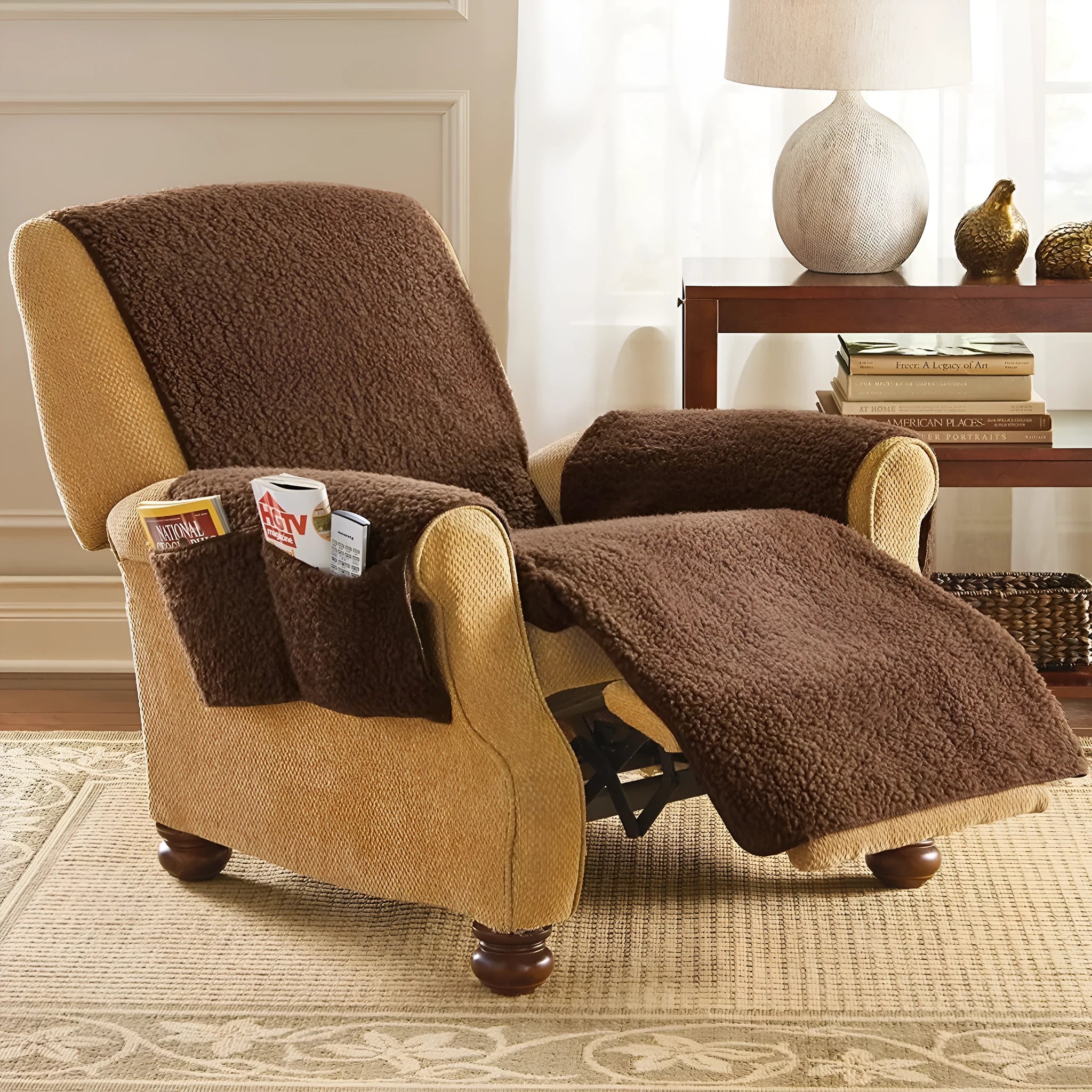 Polyester sofa cushion slipcover in lamb wool beige colour on a sofa, showing universal fit.