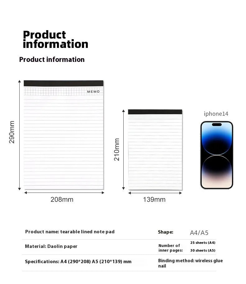 A4 size tearable notebook with ivory grid paper and a simple paper cover, shown next to an A5 size option.