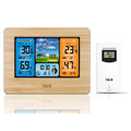 Rectangular desktop weather station clock with LCD display showing temperature humidity and forecast data