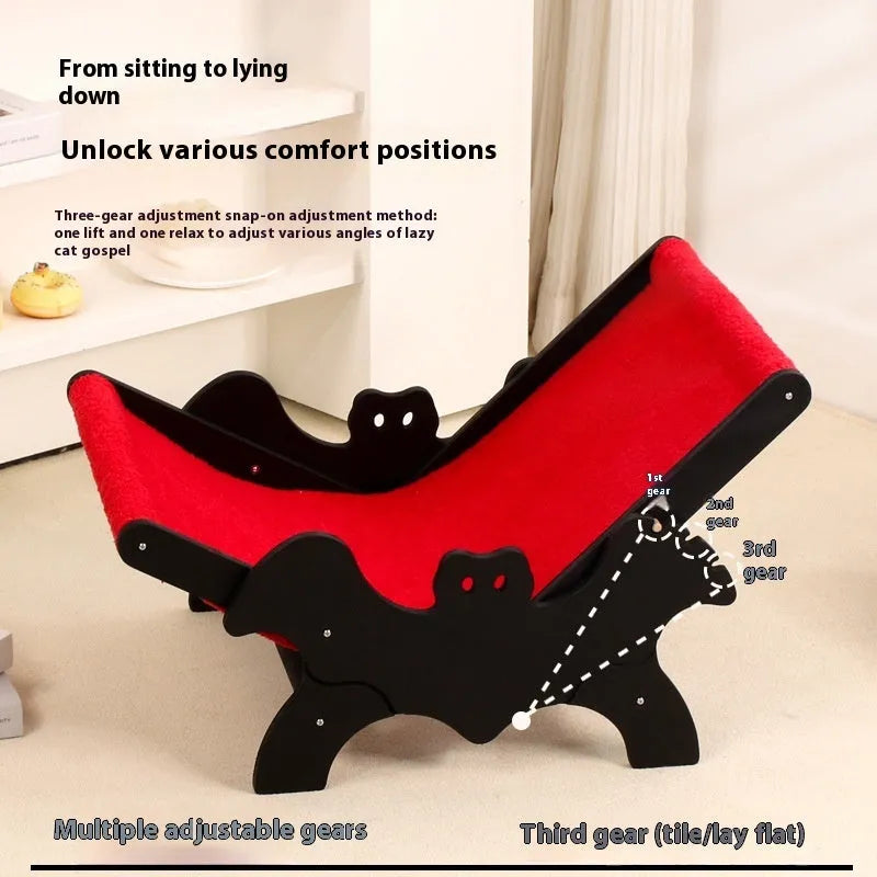 Black and red bat-shaped wooden cat recliner bed with Halloween theme