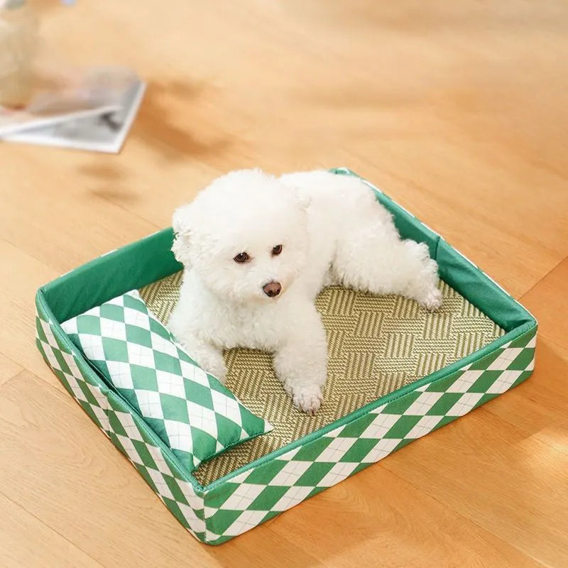 Blue rattan woven cat litter mat and pet bed placed on a wooden floor.