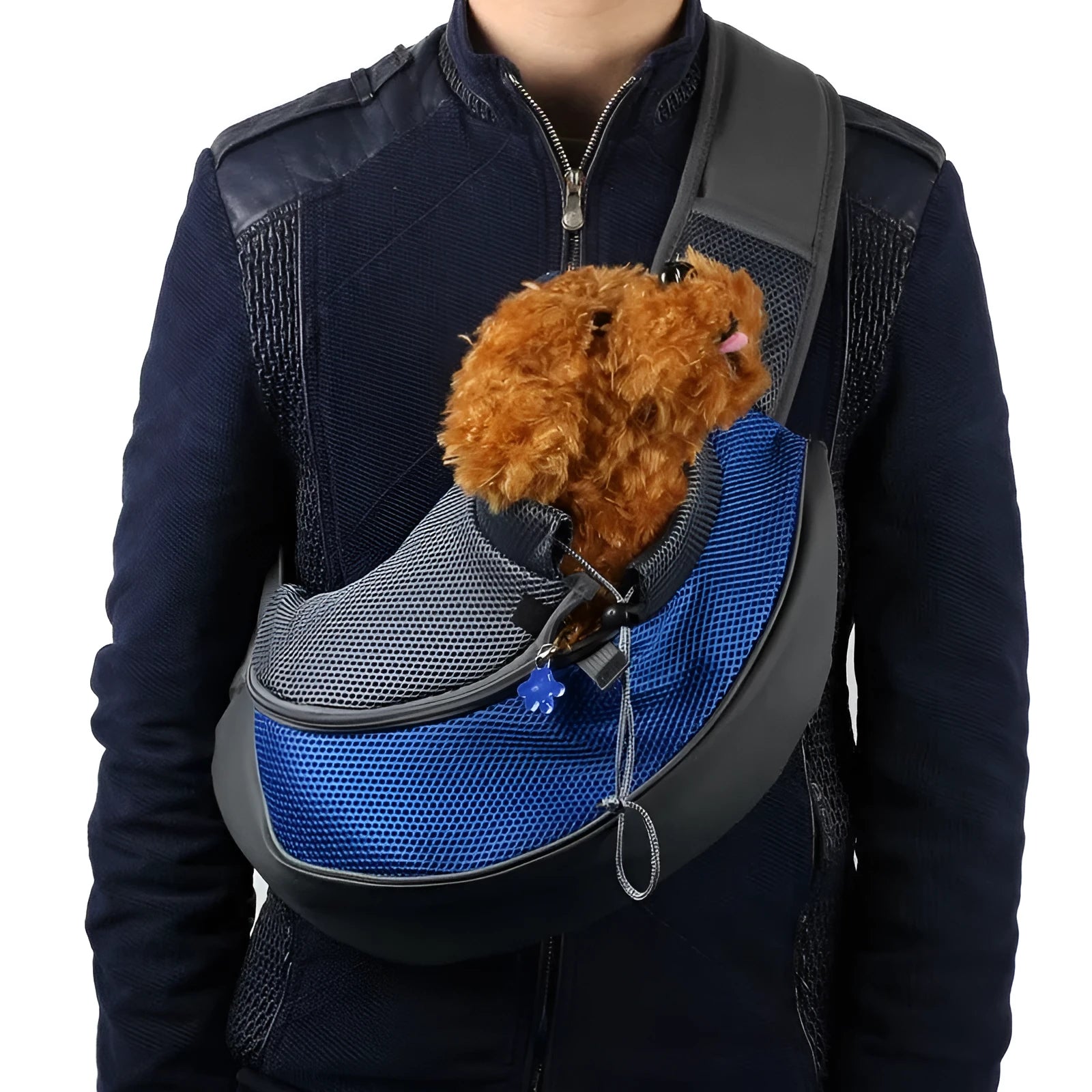 Blue polyester pet backpack for a cat showing shoulder straps and mesh ventilation.