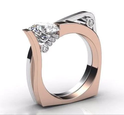 Rose gold couple rings with geometric design and zircon stone inlays on size display
