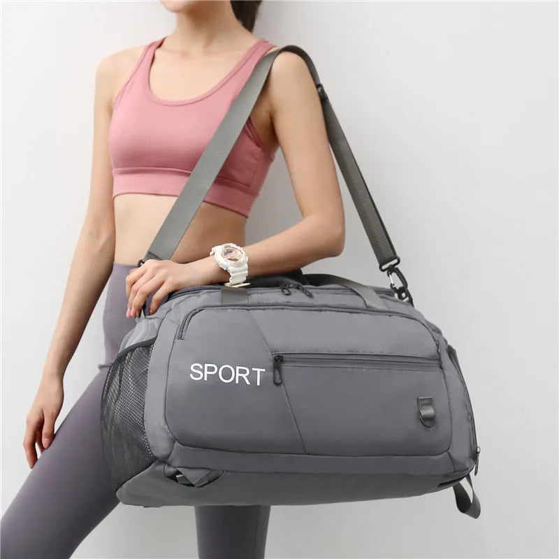 Waterproof Oxford gym backpack with shoe compartment, large capacity travel bag in light green, side view showing pockets