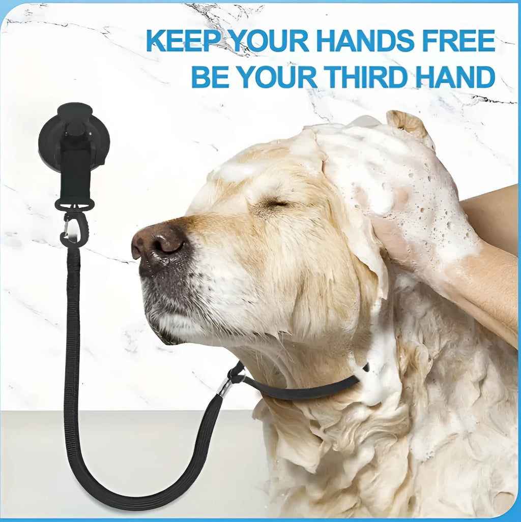 Pet bathing restraint with suction cup handcuffs and adjustable traction rope in black colour