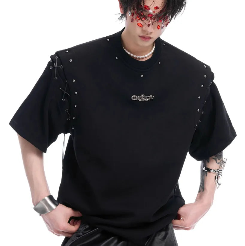 Niche deconstruction lace-up cutout short sleeve T-shirt in black or white cotton-polyester blend