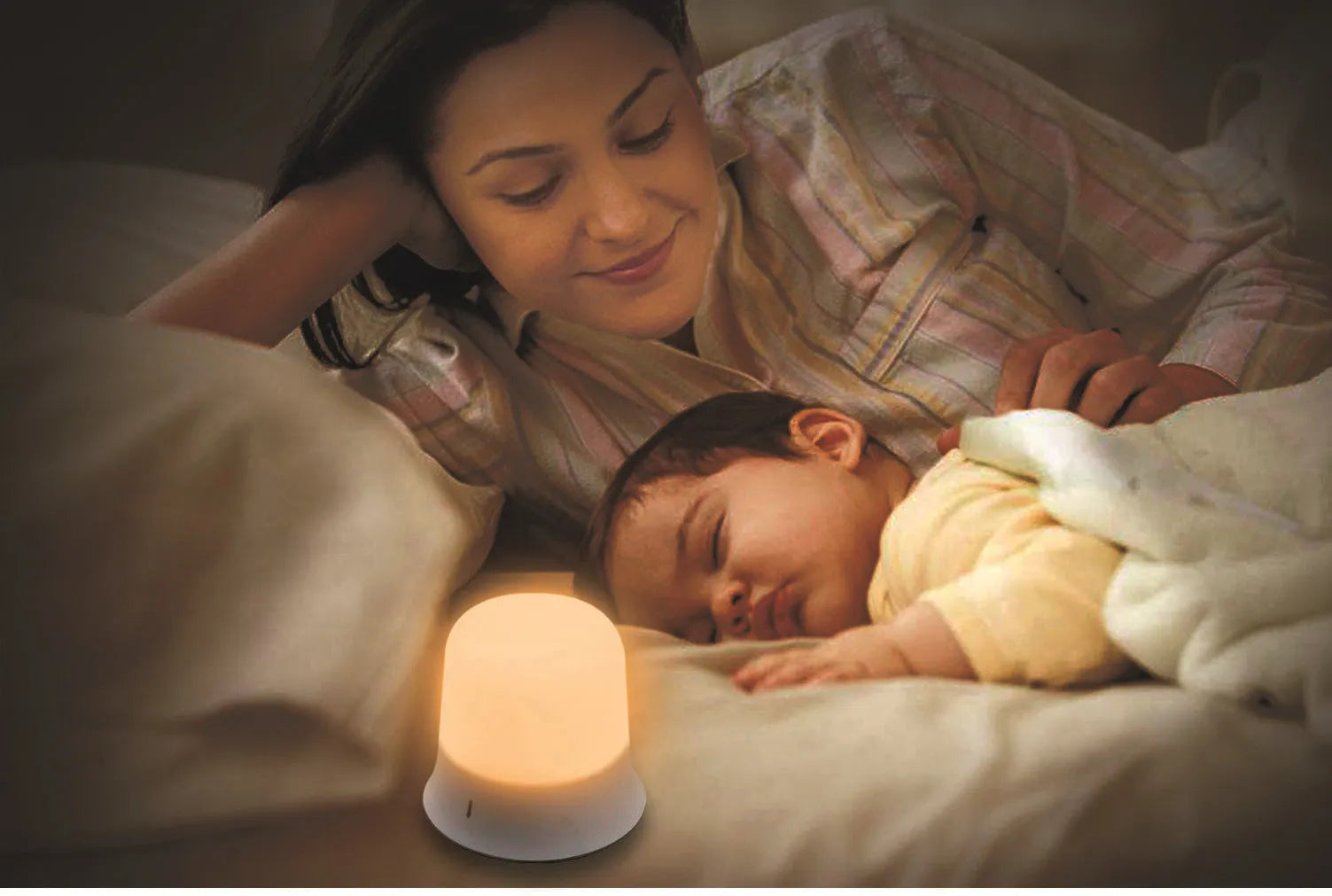 White touch-control bedside night light showing compact 93mm by 110mm design with dimmable LED.