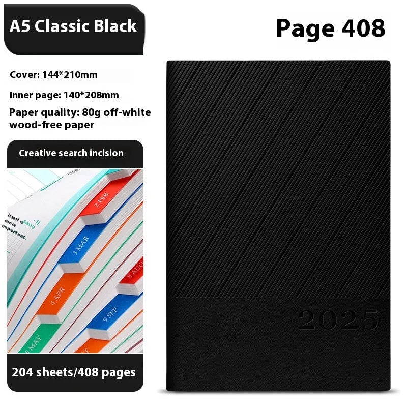 A5 business notepad with striped PU leather cover open on 80g wood-free paper, shown in Sky Blue colour.