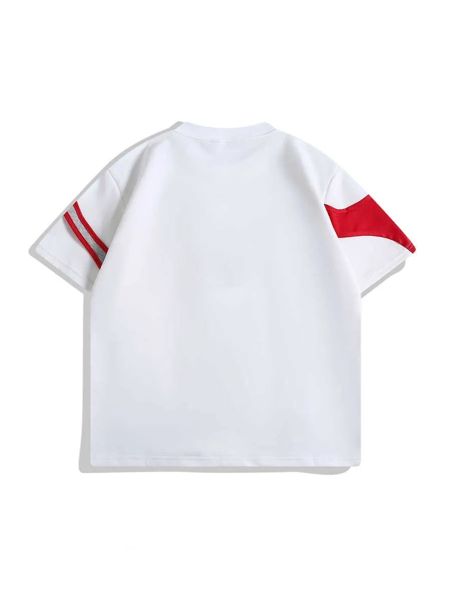 Black and white double-layer stitching padded shoulder T-shirt with round neck collar and short sleeves