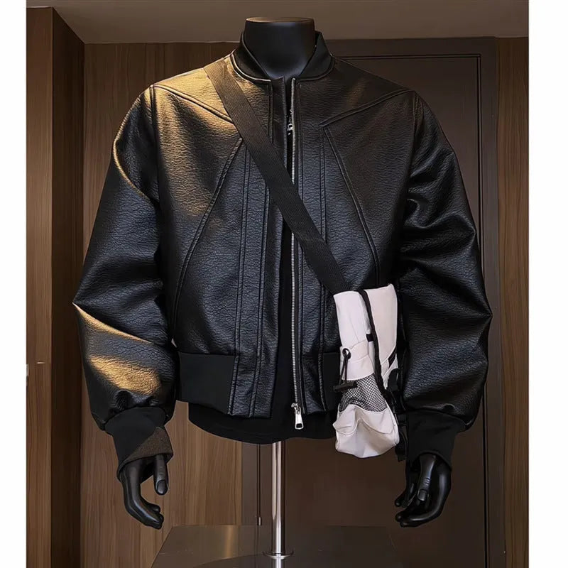 Men's black PU leather jacket with extended length and tight business fit