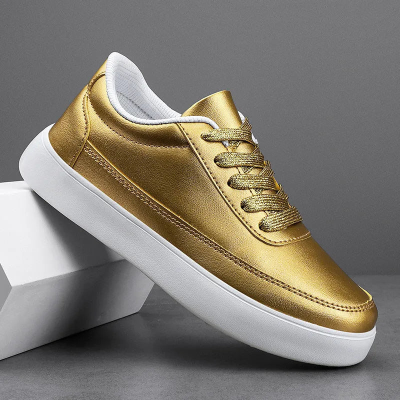 Women's white leather lace-up casual flat shoes on a solid background