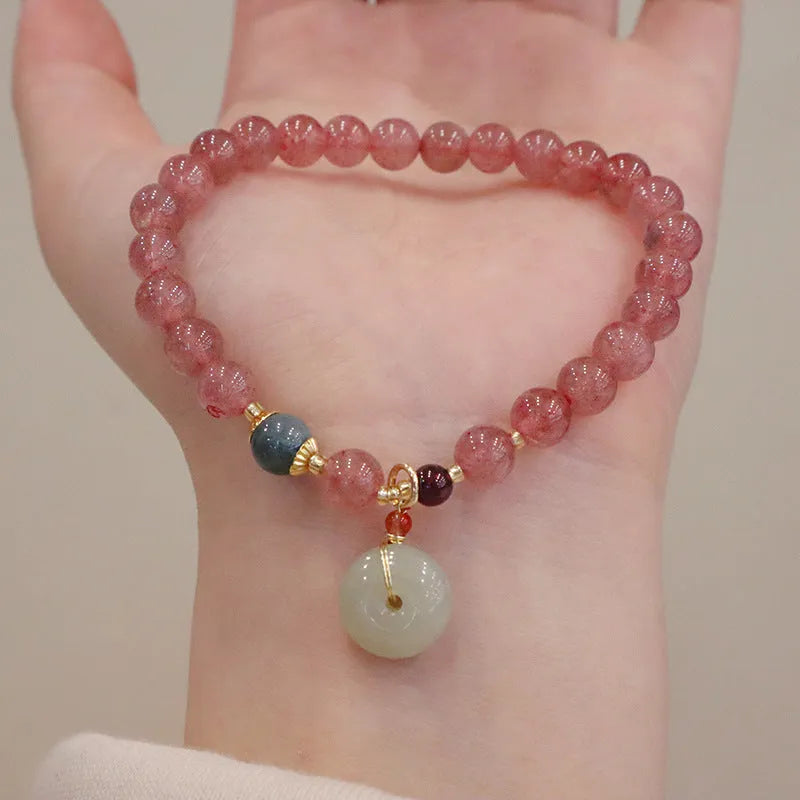 Natural strawberry quartz geometric bracelet with peace buckle and lucky Bagg elements for women