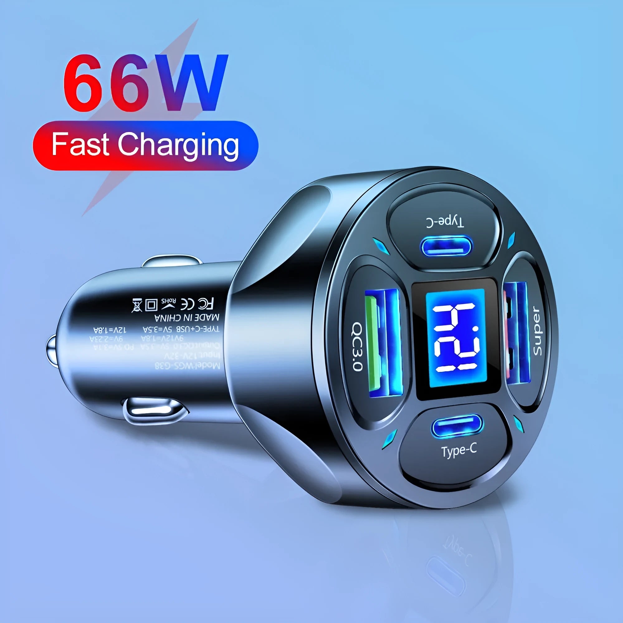 66W 2USB 2 Type-C digital display car charger in black with compact design and voltage readout