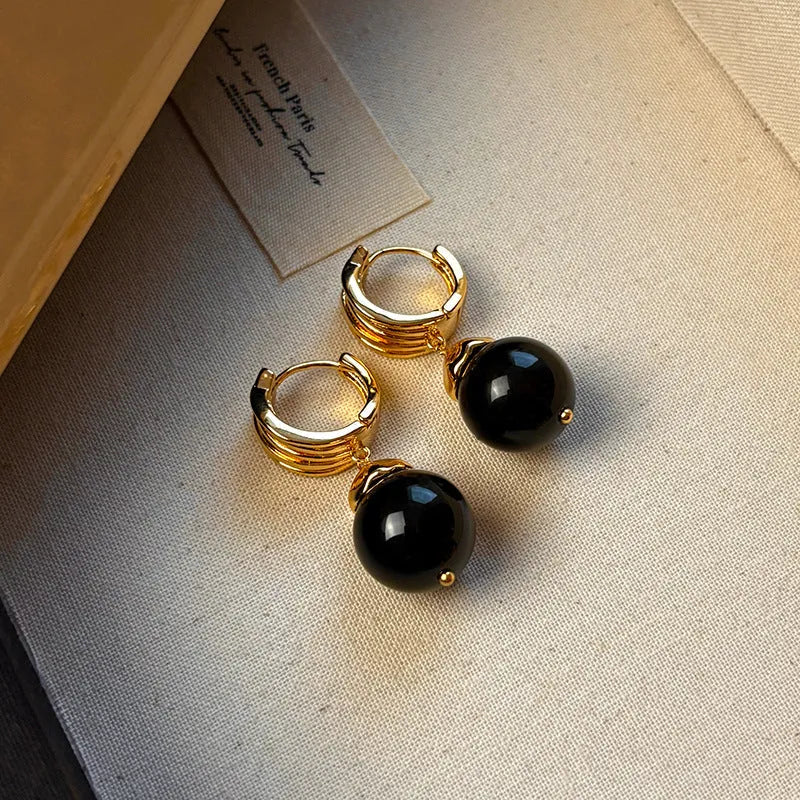 Women's Tigereye earrings with real gold plating in geometry shape with round elements, French retro style