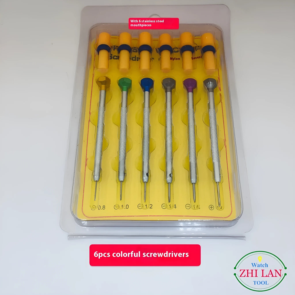 Six colour-coded watch repair screwdrivers with aluminium handles for children's watch maintenance