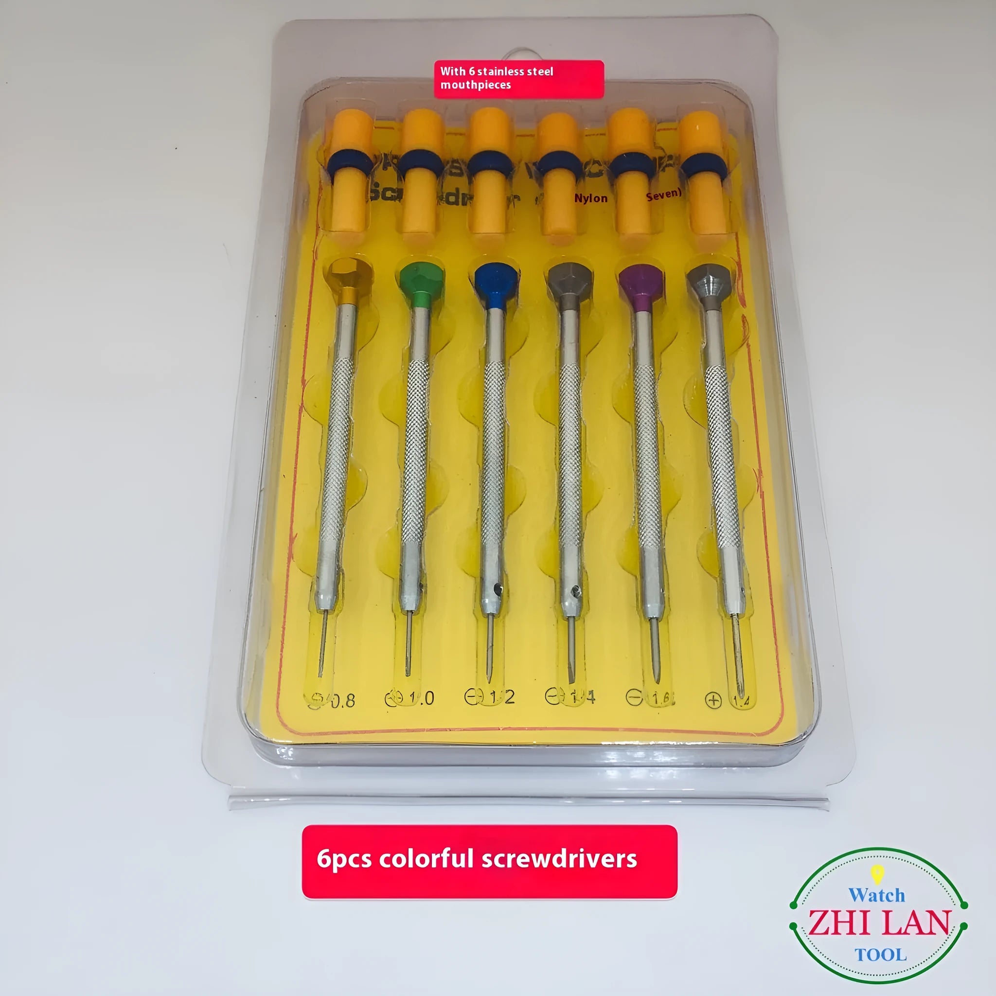 Six colour-coded watch repair screwdrivers with aluminium handles for children's watch maintenance