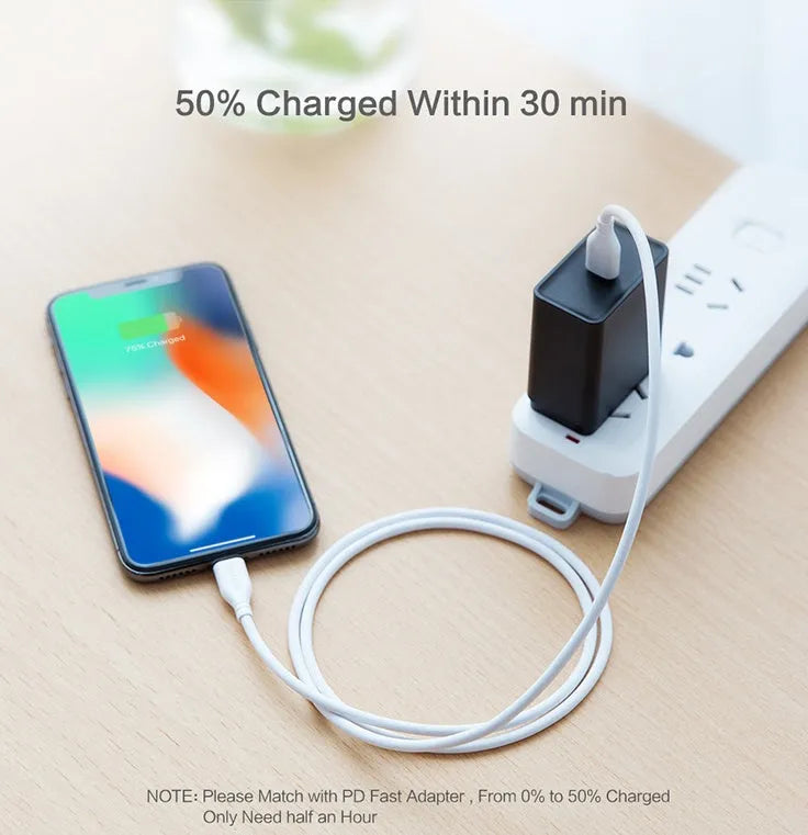 White braided USB-C to Lightning cable measuring 1 metre with connectors shown