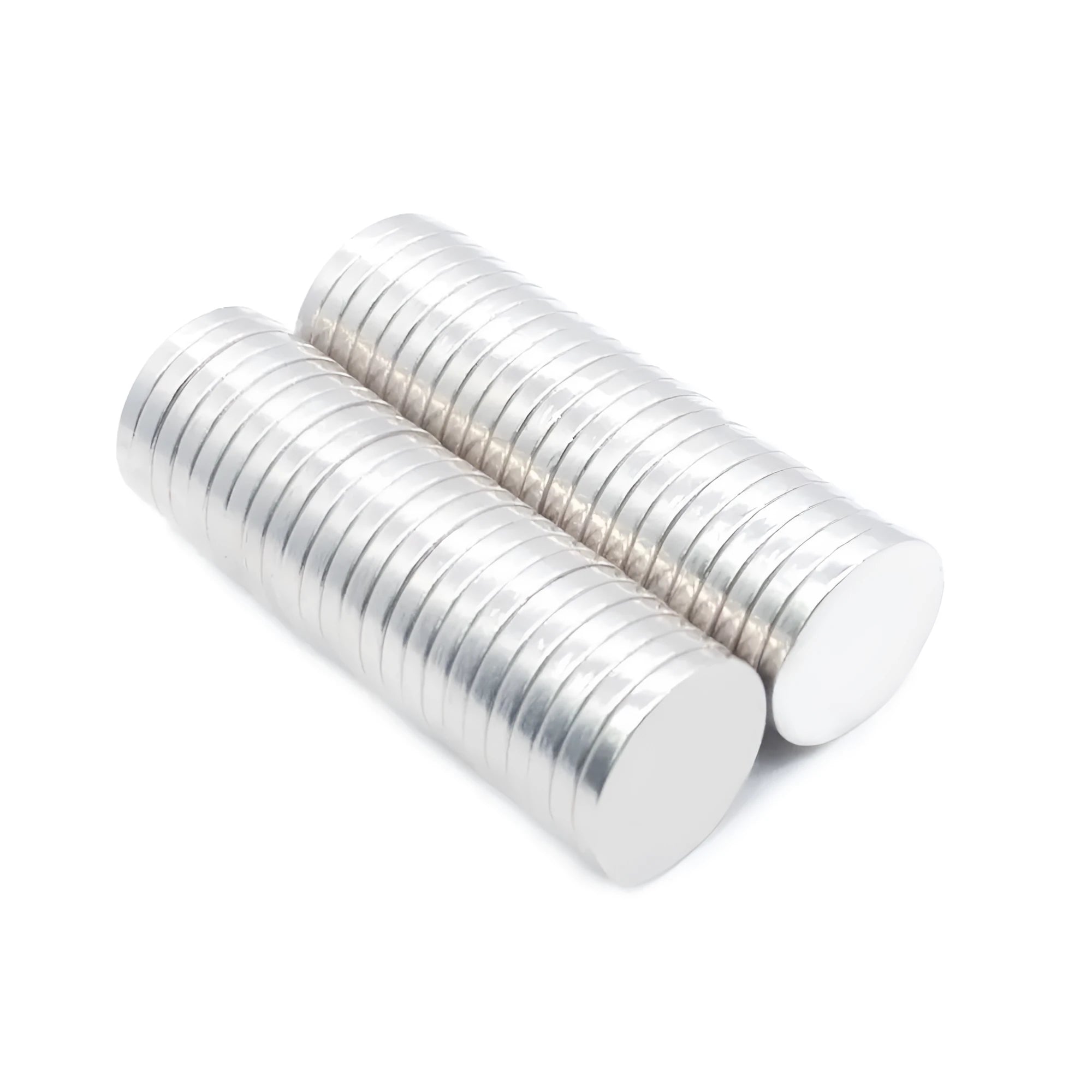 Silver NdFeB disc magnet 14mm diameter 2mm thickness on white background