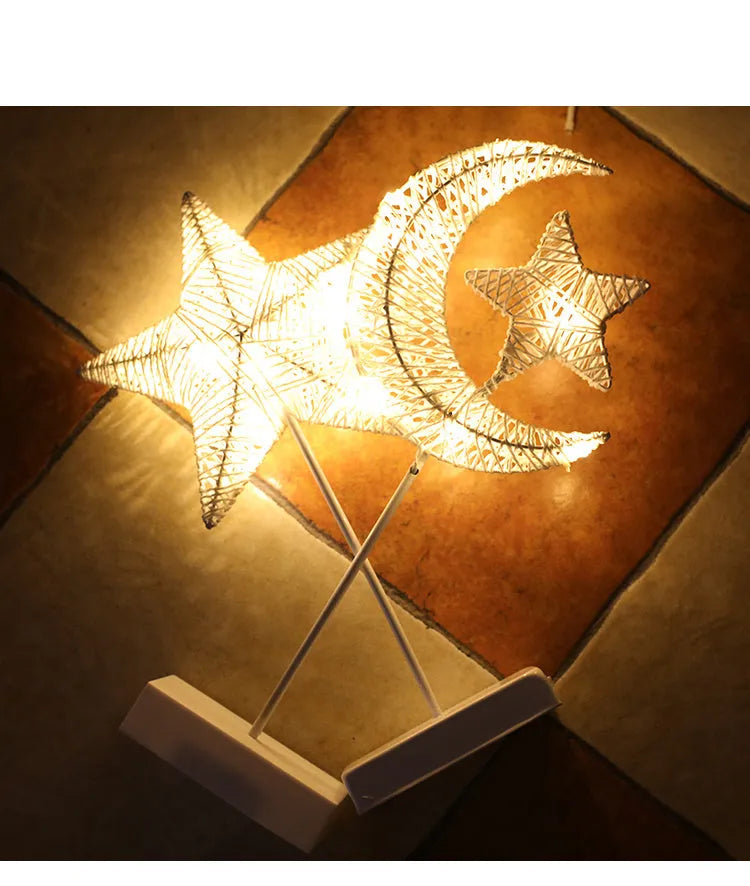Rattan LED decorative light in star, heart or moon design with copper wire accents