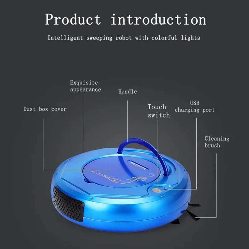 Blue robotic floor cleaning vacuum cleaner on a wooden floor.