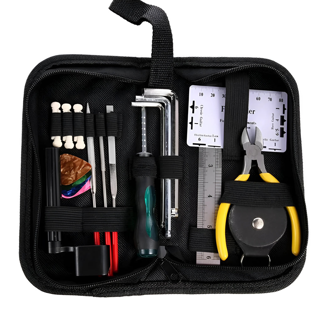 Black plastic and metal guitar repair tool kit for guitars, basses, mandolins, and banjos