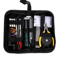 Black plastic and metal guitar repair tool kit for guitars, basses, mandolins, and banjos