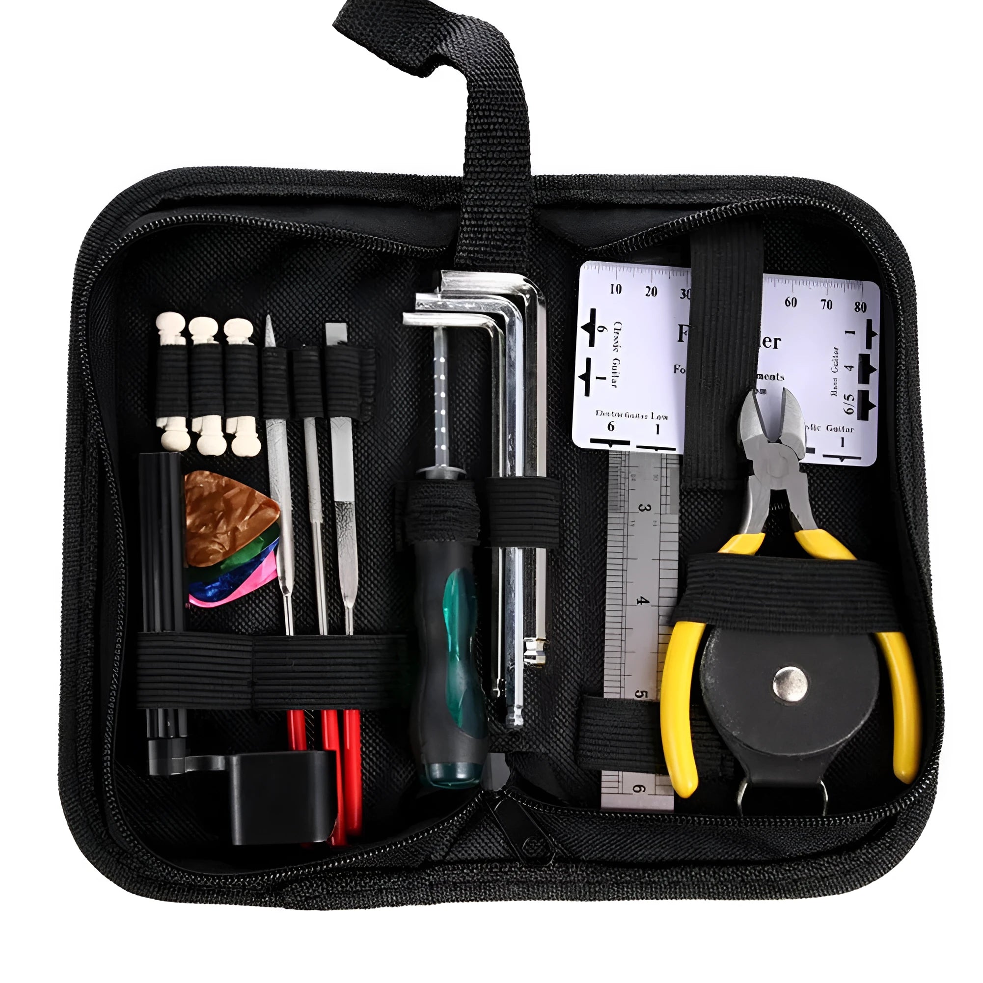 Black plastic and metal guitar repair tool kit for guitars, basses, mandolins, and banjos