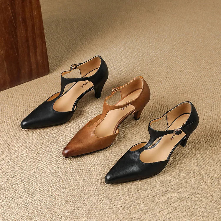 Brown retro women's T-strap sandals with closed toe, chunky block heel, and buckle fastening