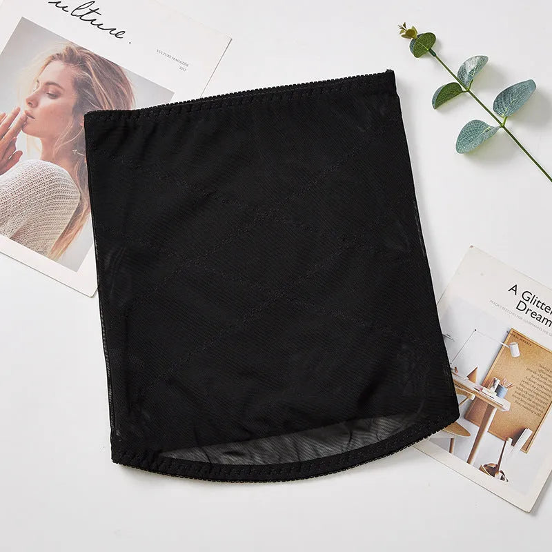 Black mesh belly band with cross waistband design for postpartum waist trimming and tummy slimming