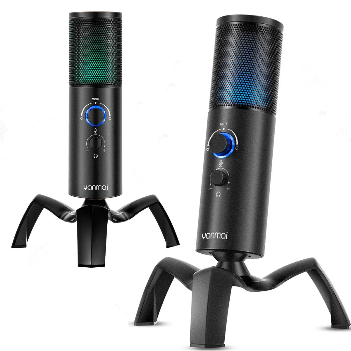 Black Q18 two directional condenser microphone with RGB lights on a tripod stand