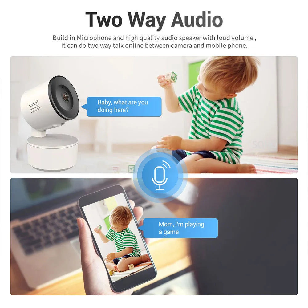 Indoor WiFi security camera with PTZ rotation on desktop mount