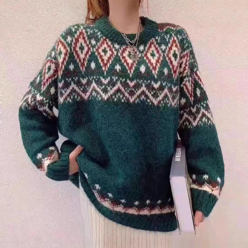 Red and white striped loose fit retro pullover knitted top with long sleeves