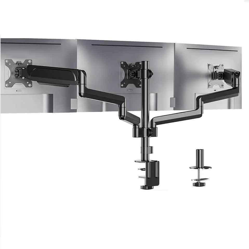 Black three-arm gas spring monitor mount for 27-inch screens with aluminium construction