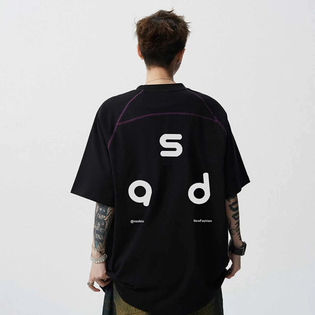 Cotton letter print short-sleeve T-shirt, loose fit round neck, available in black, white, sizes M to 2XL