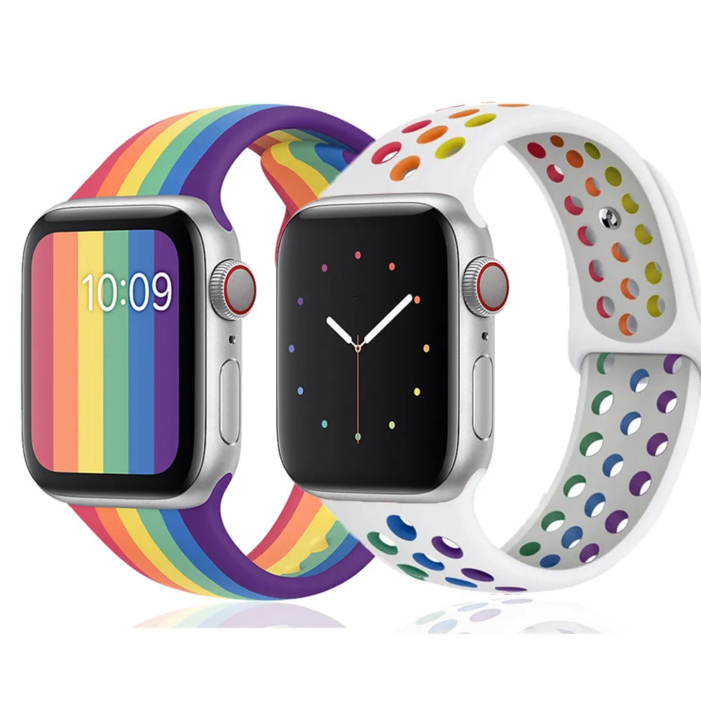 Silicone sports wristband with single buckle strap in black rainbow or white colour