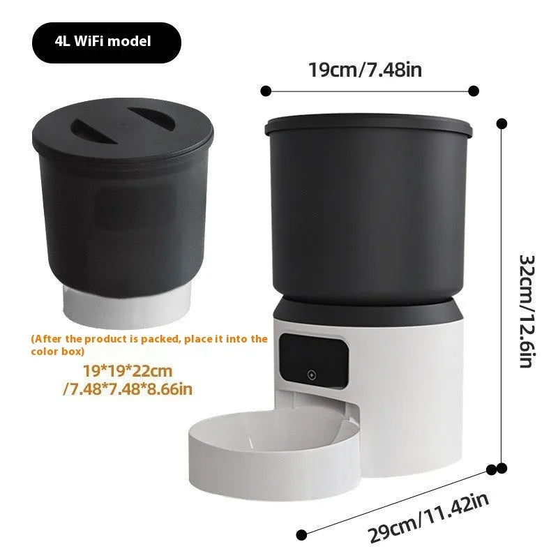 4L smart pet feeder with Wi-Fi and optional camera on a kitchen floor