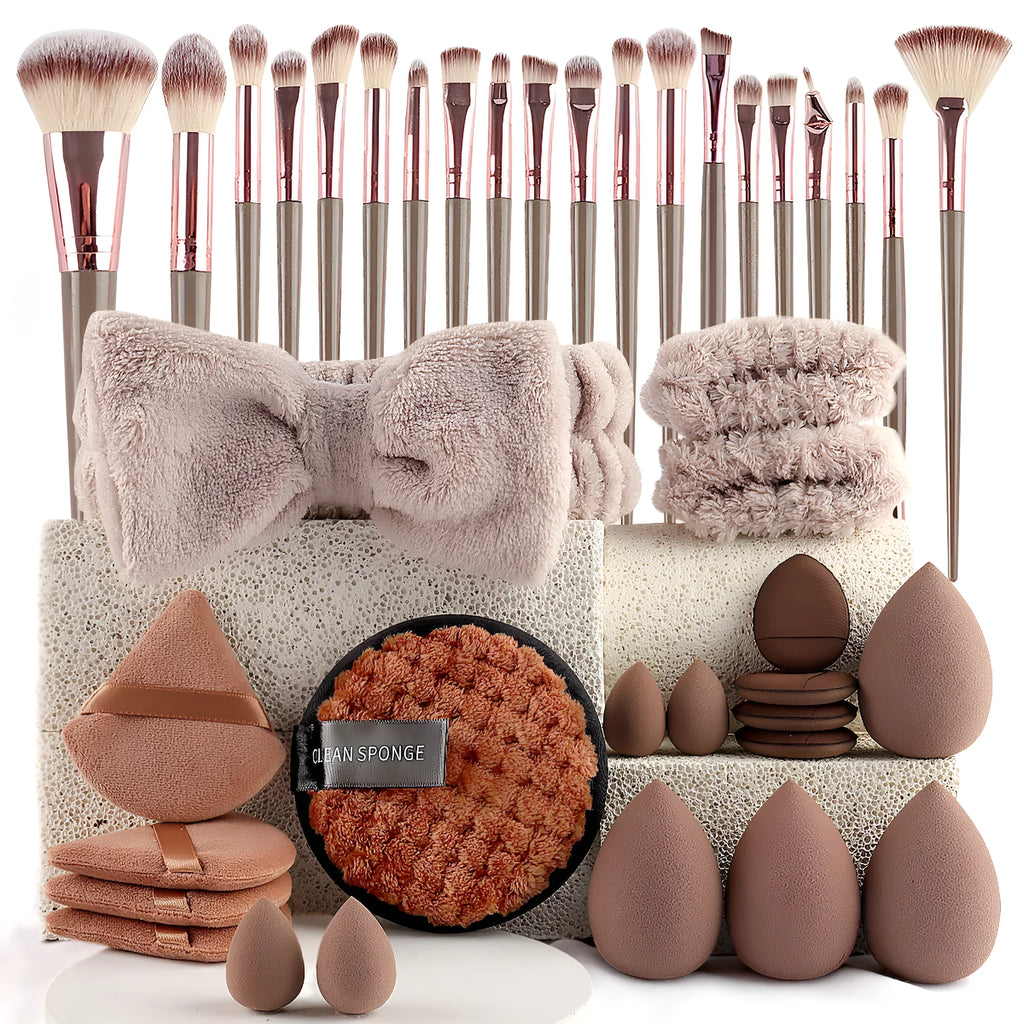 40pcs makeup brush set in brown, pink, and purple with hydrophilic non-latex bristles