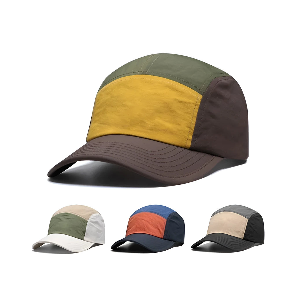 Men's quick-drying baseball cap with curved brim in khaki colour showing five-piece construction