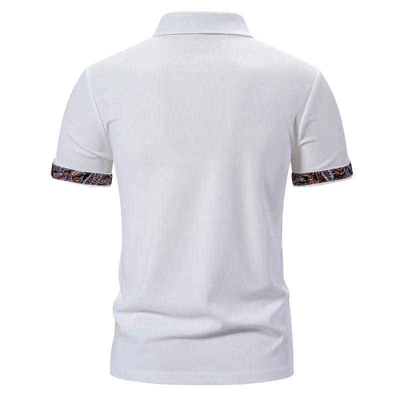 A man's regular fit polo shirt with a turnover collar, short sleeves, and colour-contrast stitching.