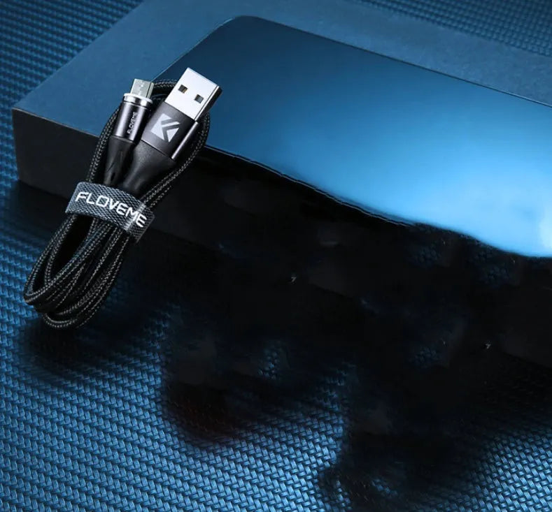 Black magnetic data cable with LED lighting showing Lightning, Micro USB, and USB-C connectors