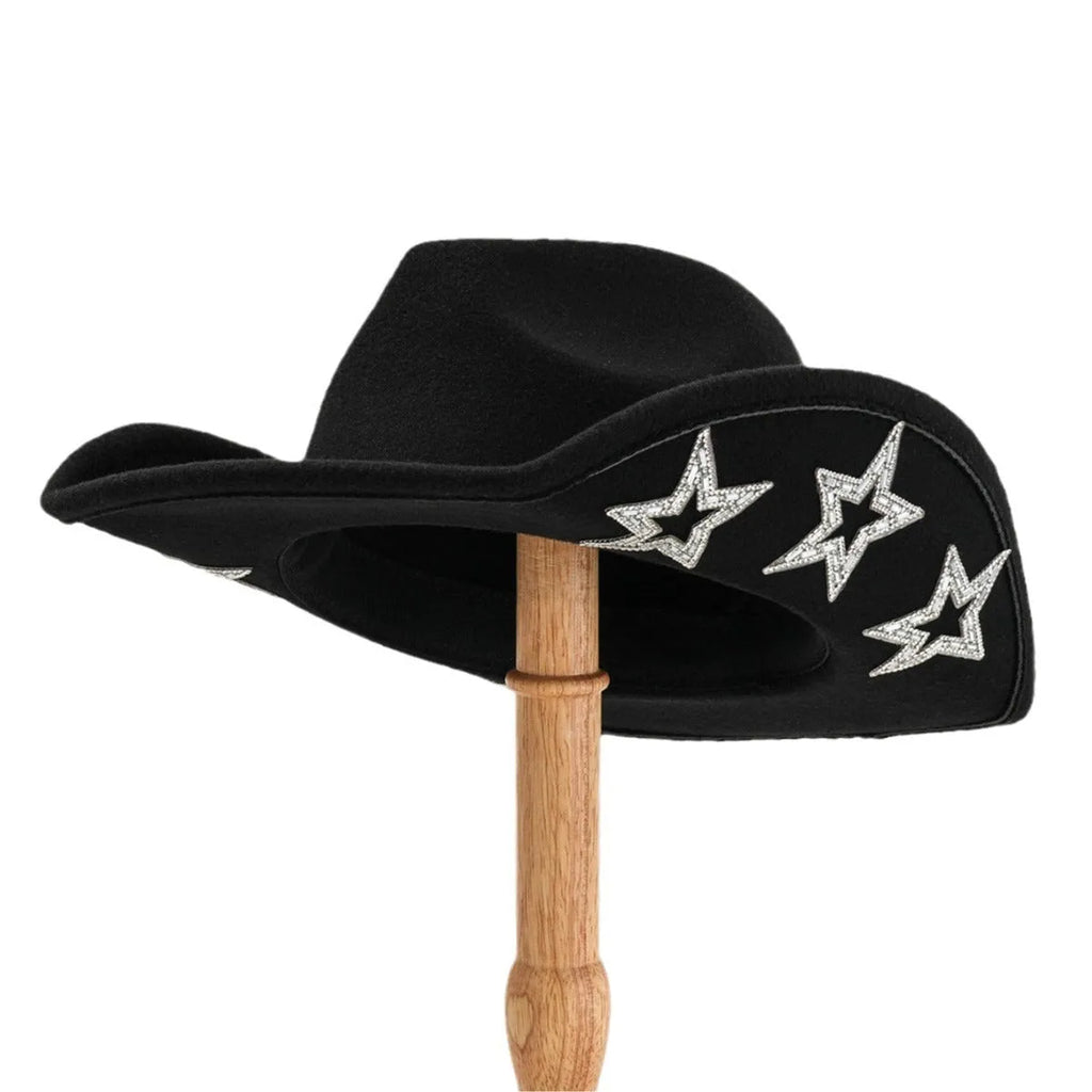 Polyester western top hat with conical crown and hexagonal star detail in size M.