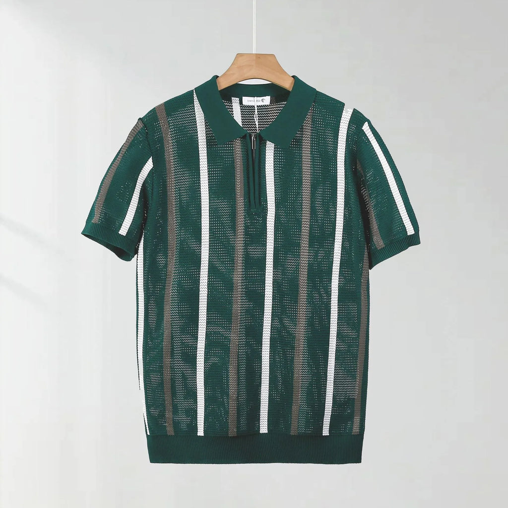 Hollow mesh short-sleeved knitting polo shirt in Ice Silk fabric with zipper decorations, loose fit, available in multiple colours