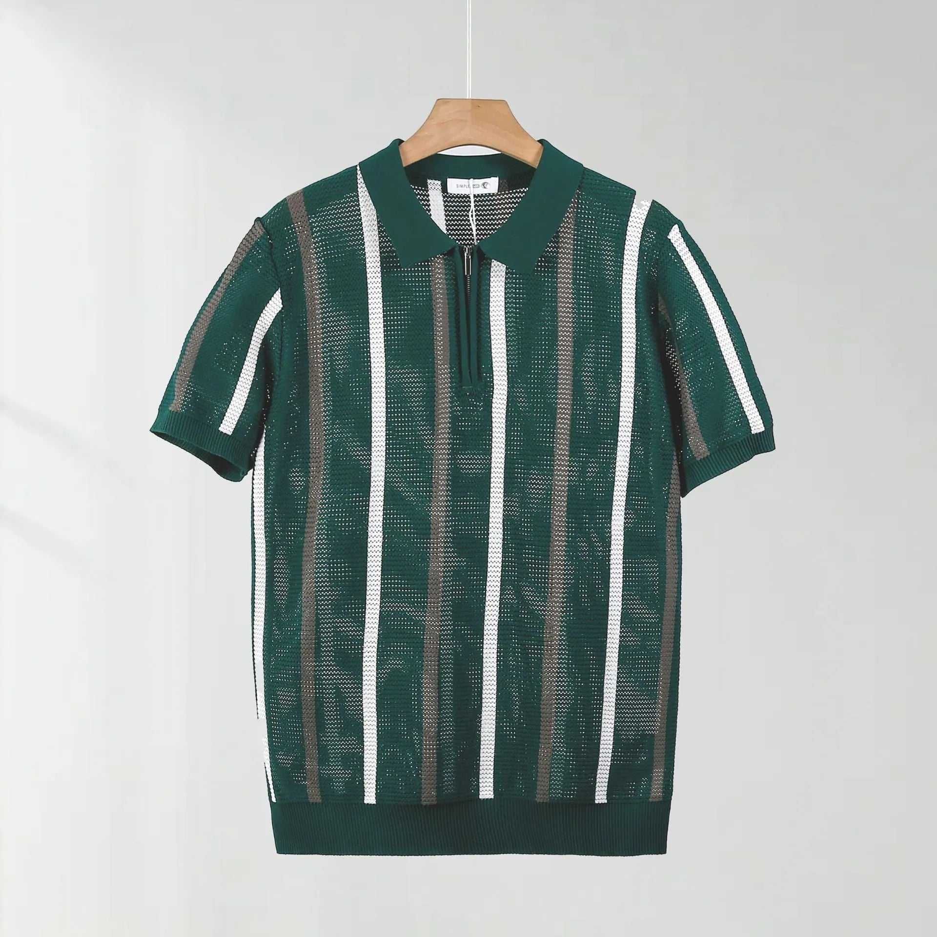 Hollow mesh short-sleeved knitting polo shirt in Ice Silk fabric with zipper decorations, loose fit, available in multiple colours