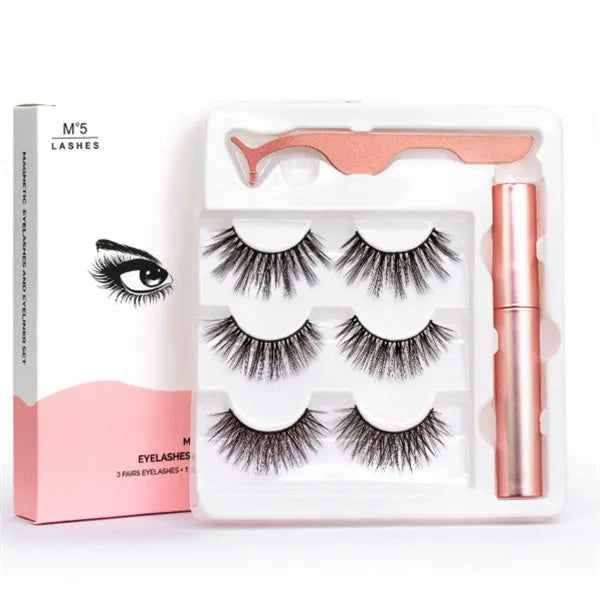 Magnetic eyeliner and false eyelash set with tweezer, waterproof, reusable, 0.2 mm silicone fibres, natural look